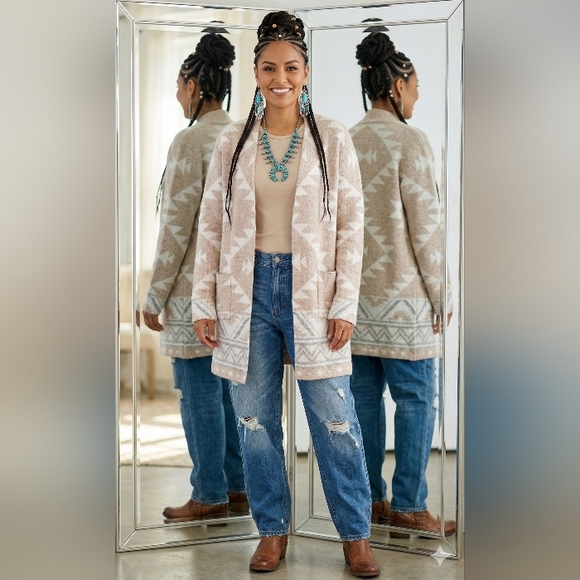 Frye Boho Southwest Aztec Native Knit Cottage Farm Chore Barn Cardigan Sweater - Picture 2 of 8